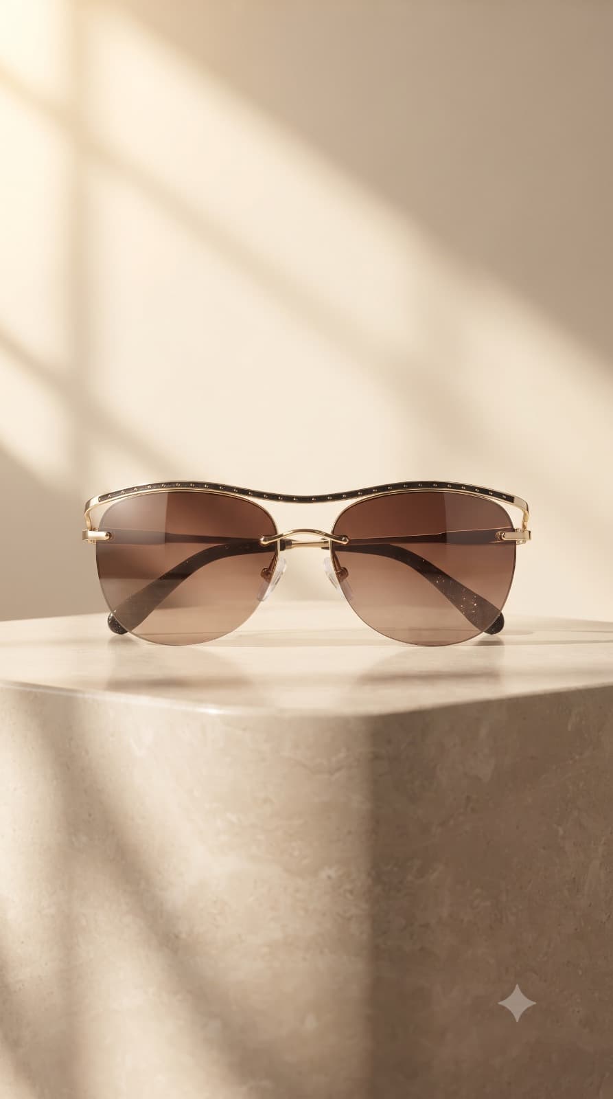 Rare rimless brown and gold vintage eyewear in warm gallery light